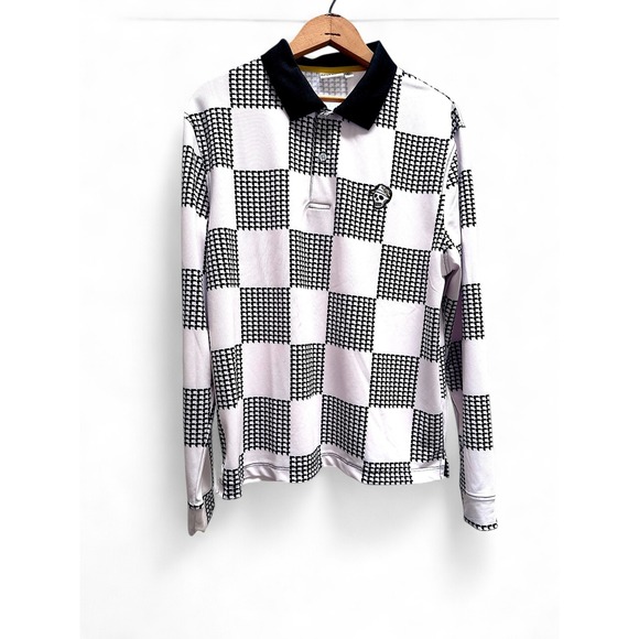 Devereux Golf Shirt Men's Small Skull Logo Long Sleeve Polo Black White Check - Picture 3 of 15